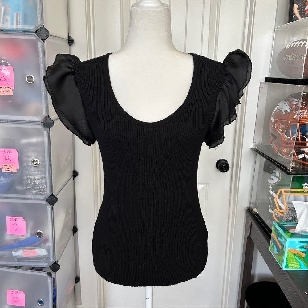 Philosophy Black Layered Flutter Sleeve Woven Rib Scoop Neck Top Size Large - Picture 6 of 14